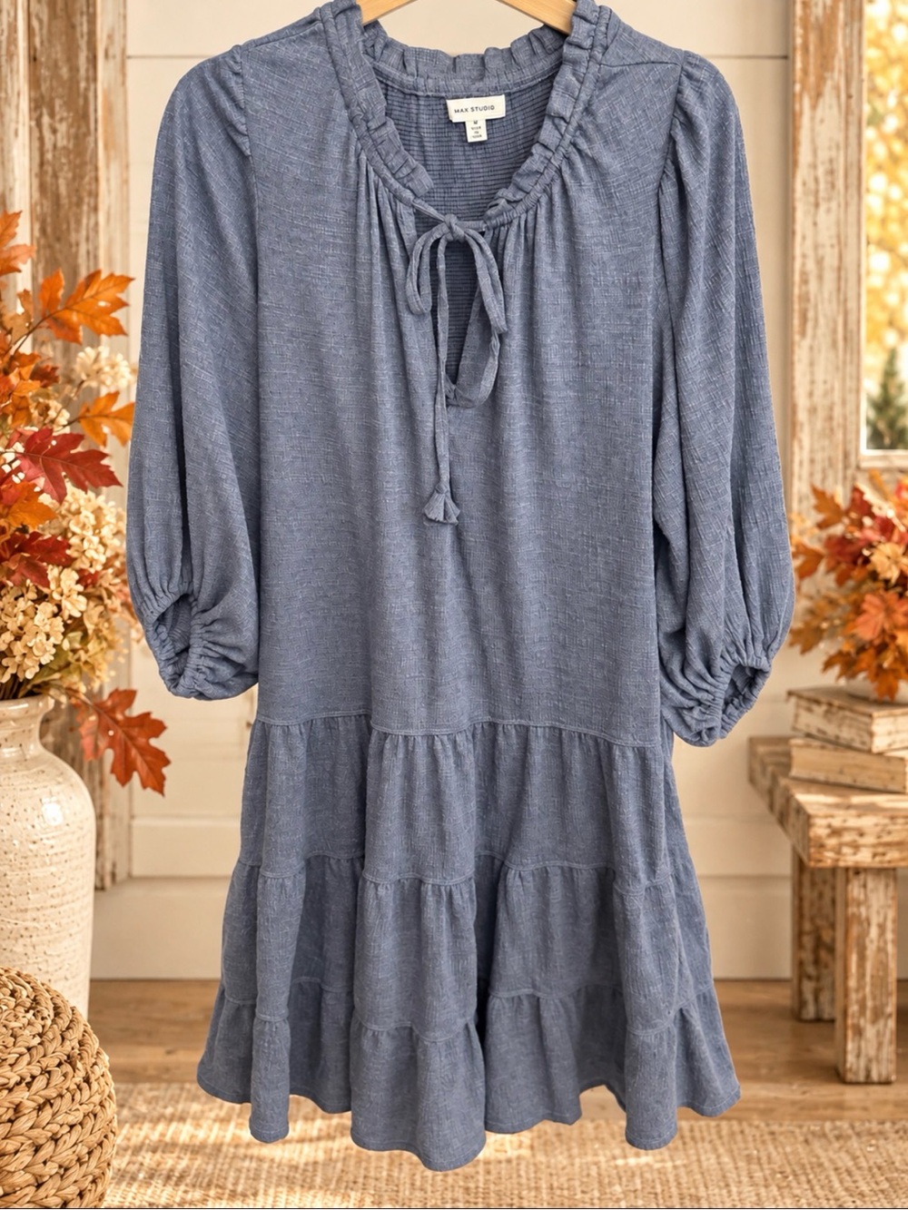 Max Studio Slate Blue Tiered Tie-Neck Midi Dress